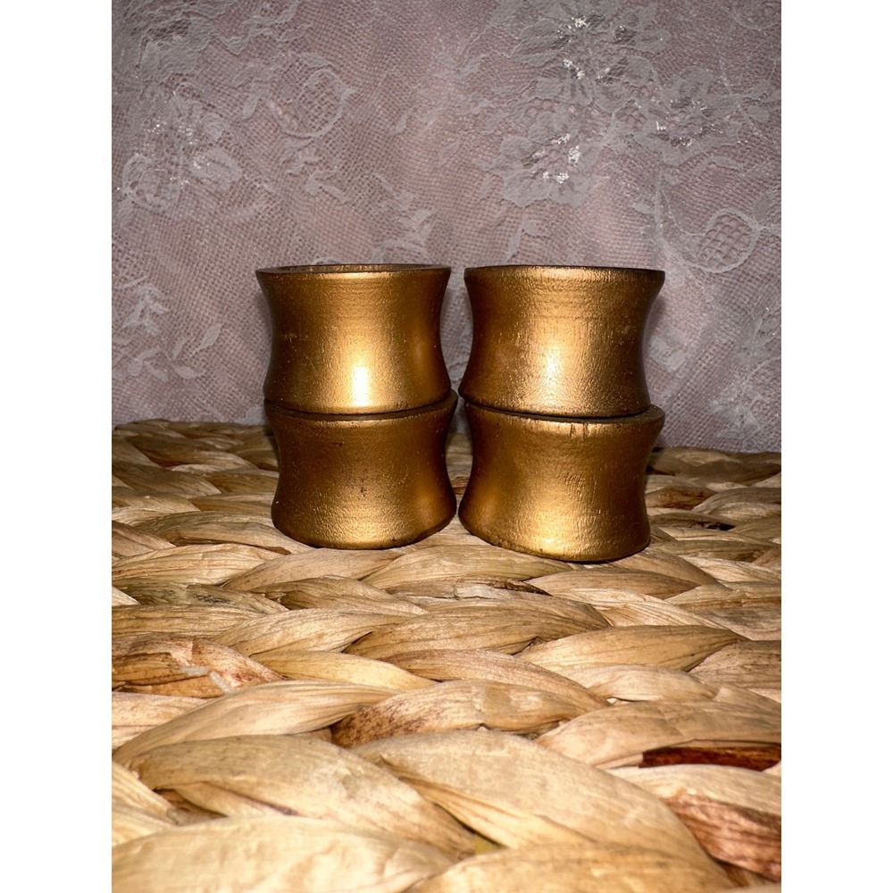 Set of 4 Gold Wooden Napkin Rings Spool Shape Metallic Table Decor